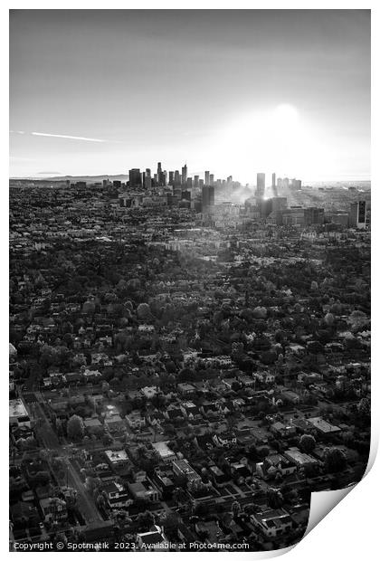 Aerial cityscape sunrise over downtown Los Angeles Print by Spotmatik 