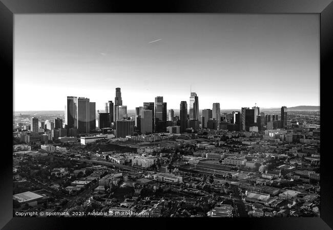 Aerial sunrise of Los Angeles central city skyscrapers  Framed Print by Spotmatik 