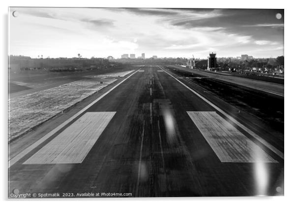 Aerial POV of aircraft landing on airport runway  Acrylic by Spotmatik 