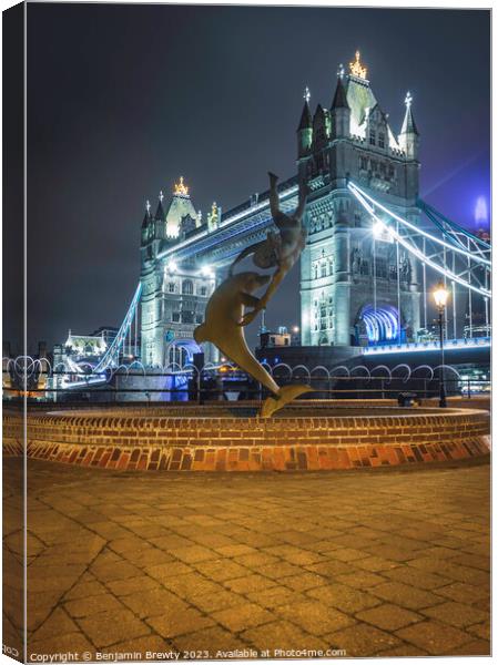 Girl with a Dolphin & Tower Bridge  Canvas Print by Benjamin Brewty