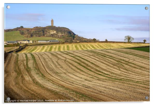 Scrabo Tower on Scrabo Hill overlooking harvested farm fields on Acrylic by Michael Harper