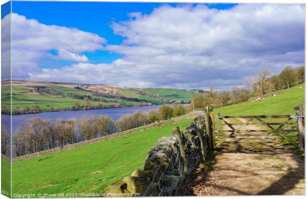 Rural Trail Leading to a Closed Wooden Gate and Gouthwaite Reservoir Nature Reserve. Canvas Print by Steve Gill