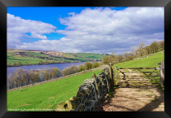 Rural Trail Leading to a Closed Wooden Gate and Gouthwaite Reservoir Nature Reserve. Framed Print by Steve Gill