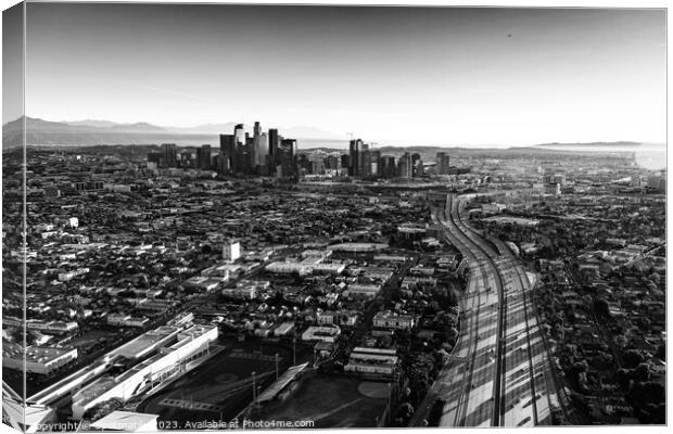 Aerial sunrise view downtown Los Angeles Freeway Canvas Print by Spotmatik 
