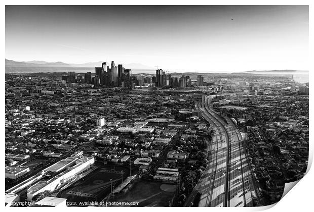 Aerial sunrise view downtown Los Angeles Freeway Print by Spotmatik 