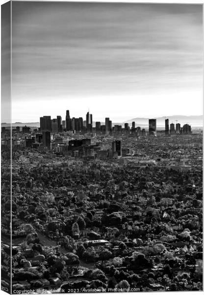 Aerial sunrise Los Angeles city skyline California Canvas Print by Spotmatik 