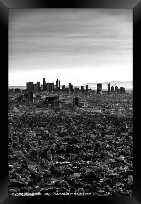 Aerial sunrise Los Angeles city skyline California Framed Print by Spotmatik 