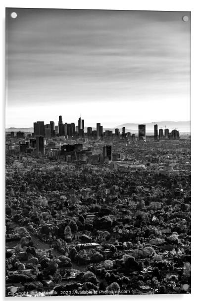 Aerial sunrise Los Angeles city skyline California Acrylic by Spotmatik 
