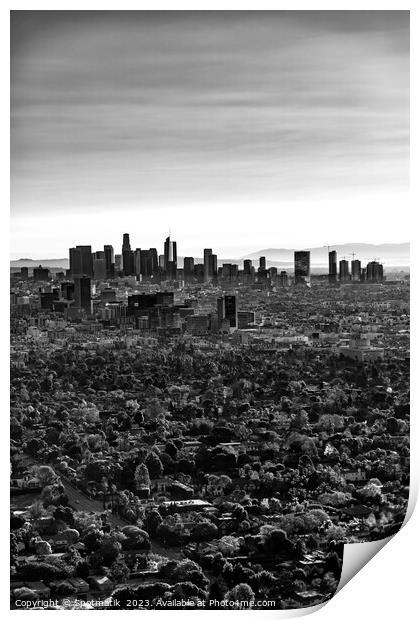 Aerial sunrise Los Angeles city skyline California Print by Spotmatik 