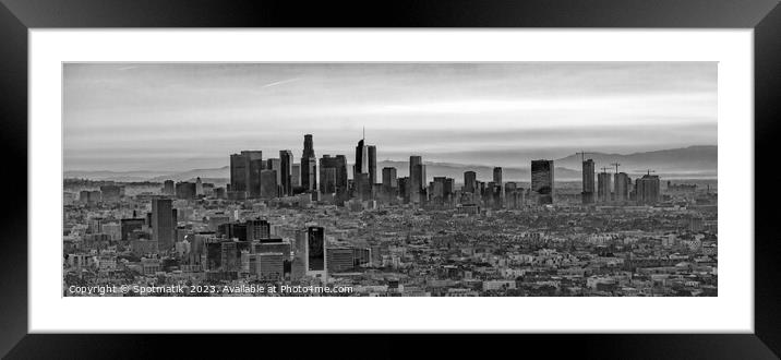 Aerial Panorama Los Angeles skyscrapers at sunrise Framed Mounted Print by Spotmatik 