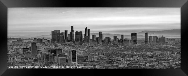 Aerial Panorama Los Angeles skyscrapers at sunrise Framed Print by Spotmatik 