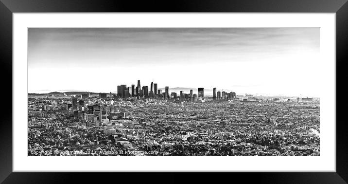 Aerial Panoramic downtown sunrise view Los Angeles Framed Mounted Print by Spotmatik 