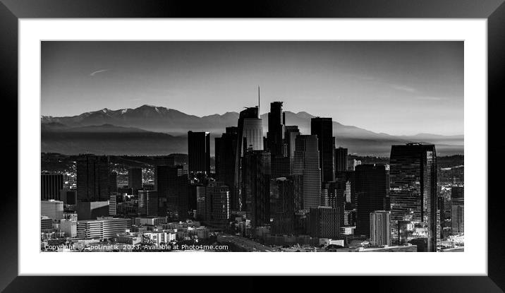 Aerial Panorama view sunrise downtown Los Angeles Framed Mounted Print by Spotmatik 