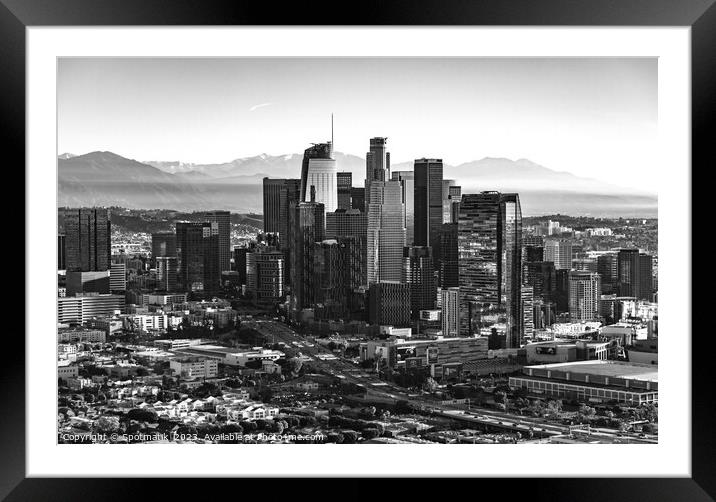 Aerial city sunrise view skyscrapers Los Angeles Framed Mounted Print by Spotmatik 