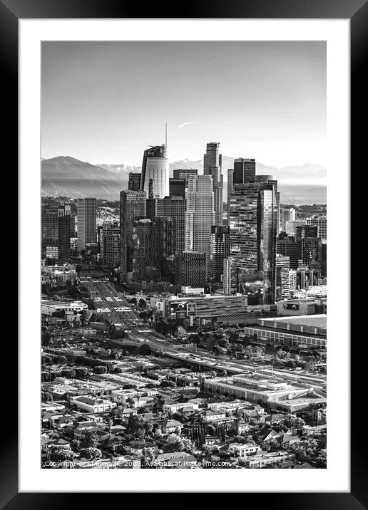 Aerial view sunrise Los Angeles city skyscrapers  Framed Mounted Print by Spotmatik 