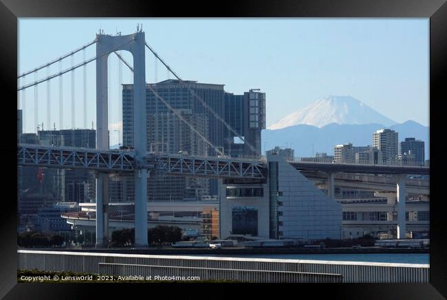 Rainbow Bridge in Tokyo, Japan, with Mount Fuji in the background Framed Print by Lensw0rld 
