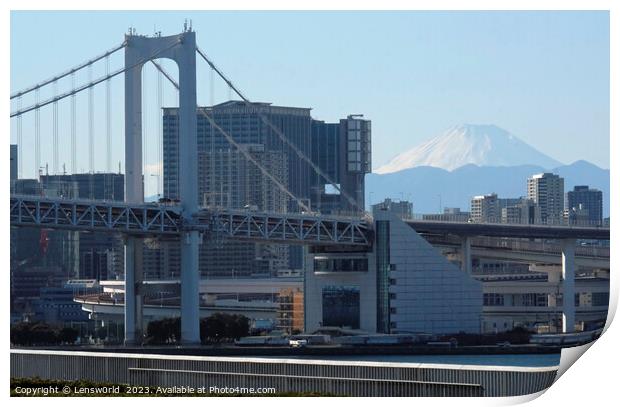 Rainbow Bridge in Tokyo, Japan, with Mount Fuji in the background Print by Lensw0rld 