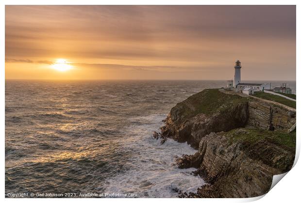 Rough weather off the lighthouse at sunset Isle of Anglesey Nort Print by Gail Johnson