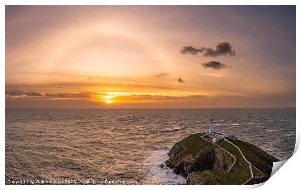 Rough weather off the lighthouse at sunset Isle of Anglesey Nort Print by Gail Johnson