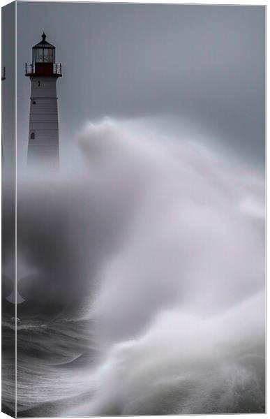 Lighthouse Survives the Raging Sea Canvas Print by Roger Mechan