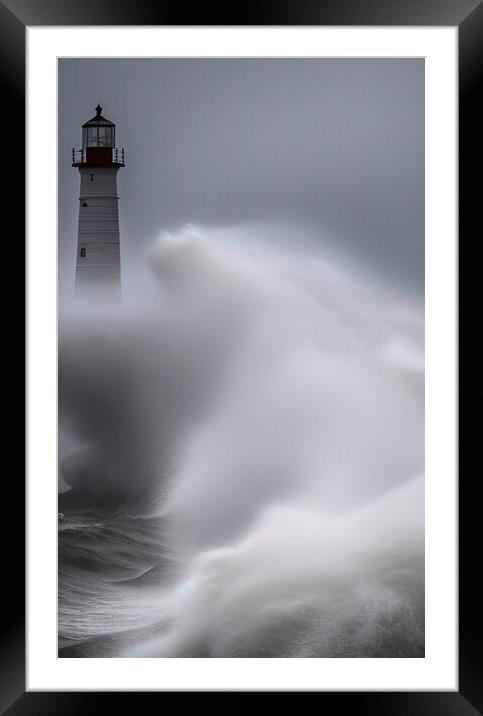 Lighthouse Survives the Raging Sea Framed Mounted Print by Roger Mechan