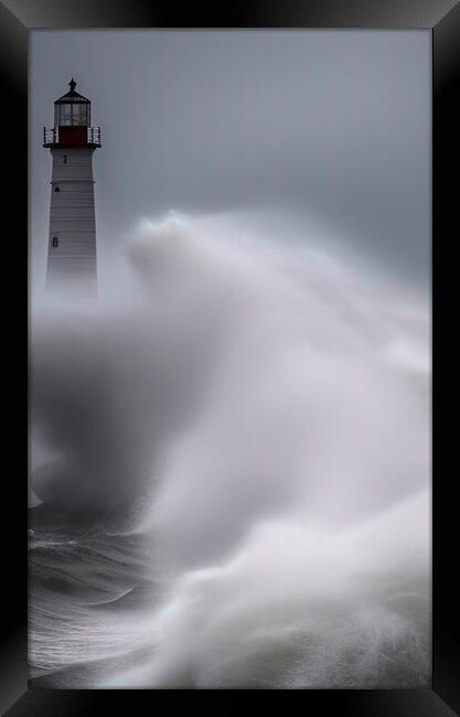 Lighthouse Survives the Raging Sea Framed Print by Roger Mechan