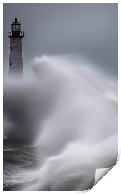 Lighthouse Survives the Raging Sea Print by Roger Mechan