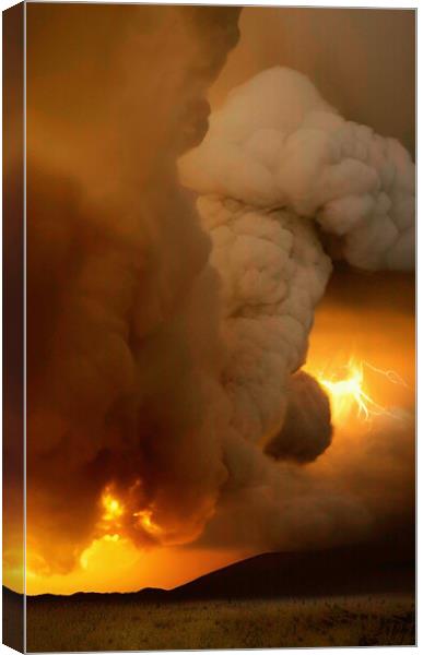 Fiery Volcanic Lightning Strikes Mountain Range Canvas Print by Roger Mechan
