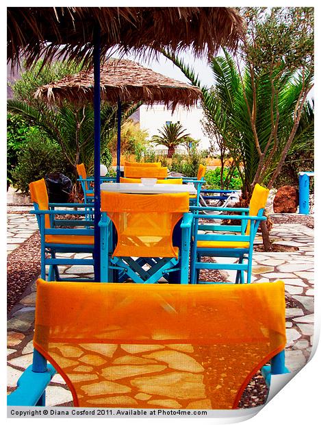 Santorini Yellow Chairs Print by DEE- Diana Cosford