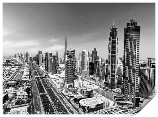 Aerial Dubai city skyscrapers Sheikh Zayed Road Print by Spotmatik 
