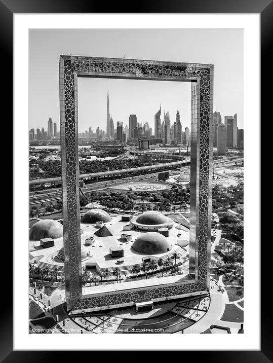 Aerial Dubai view of The Frame downtown skyscraper Framed Mounted Print by Spotmatik 
