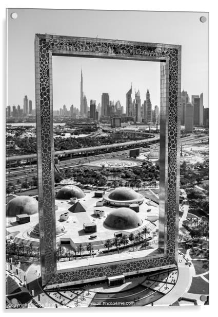 Aerial Dubai view of The Frame downtown skyscraper Acrylic by Spotmatik 