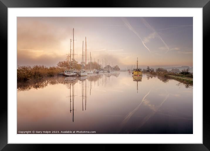 Boats in a winter mist Framed Mounted Print by Gary Holpin