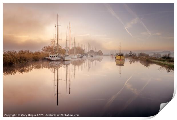 Boats in a winter mist Print by Gary Holpin