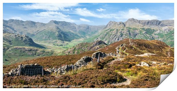 lake District Lingmoor fell stone wall leading to Langdale Pikes Print by Julian Carnell