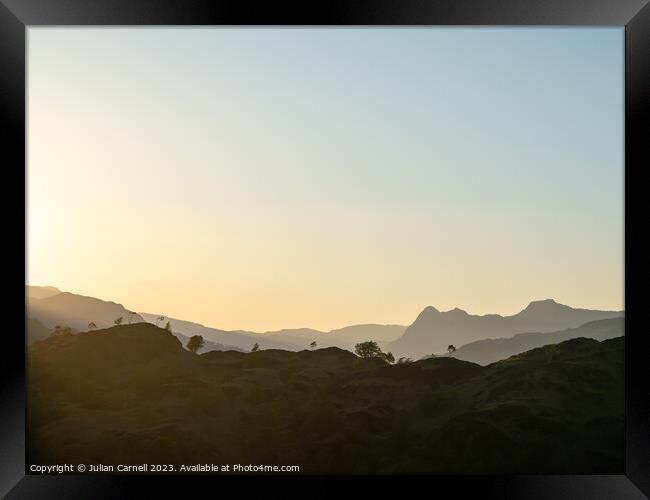 Lake District sunset over langdale shot from Tom heights Framed Print by Julian Carnell