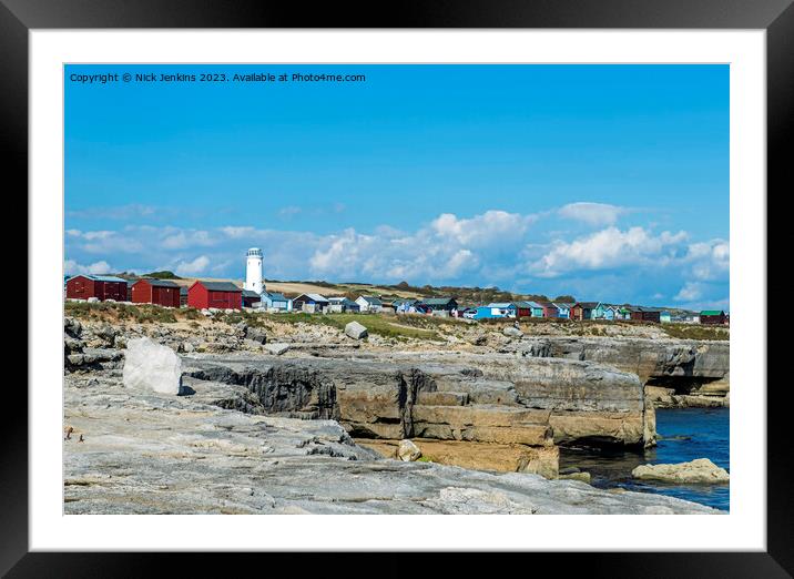 Beach Huts and Old Lighthouse Portland Bill  Framed Mounted Print by Nick Jenkins