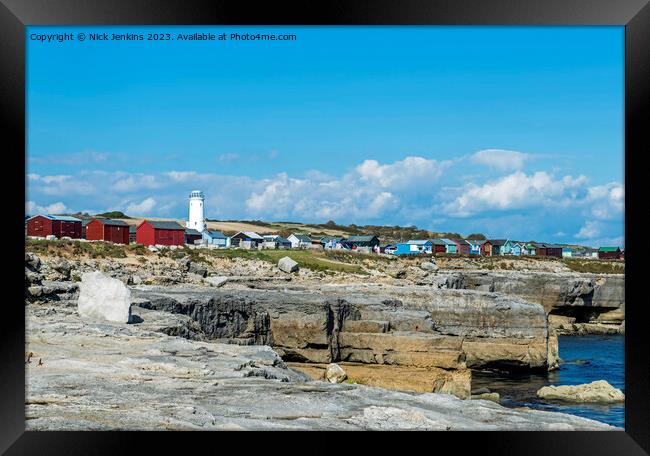 Beach Huts and Old Lighthouse Portland Bill  Framed Print by Nick Jenkins