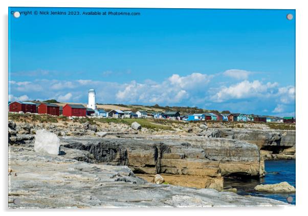 Beach Huts and Old Lighthouse Portland Bill  Acrylic by Nick Jenkins