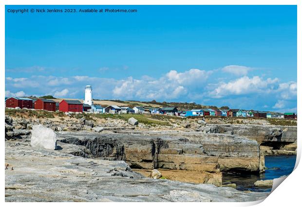 Beach Huts and Old Lighthouse Portland Bill  Print by Nick Jenkins