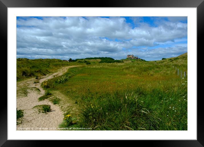 Bamburgh Castle glimpsed in the distance from the  Framed Mounted Print by Chris Rose