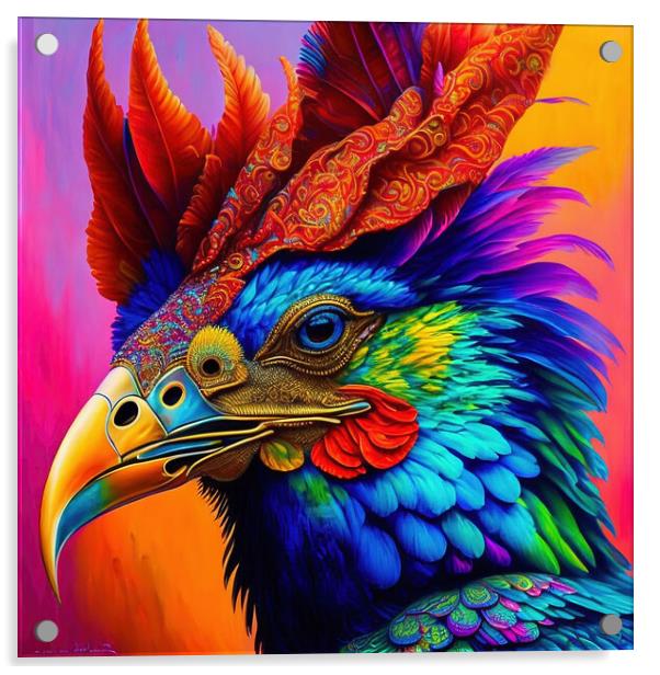 Rainbow Rooster Acrylic by Roger Mechan