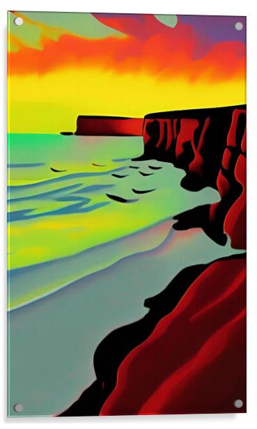 Spectacular Sunset over Cornwall Cliffs Acrylic by Roger Mechan