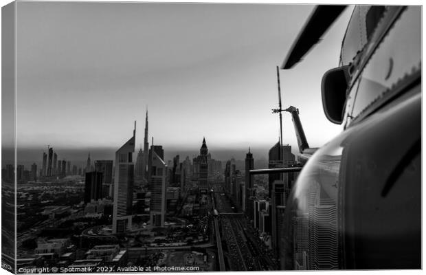Aerial Dubai sunset helicopter Sheikh Zayed Road Canvas Print by Spotmatik 