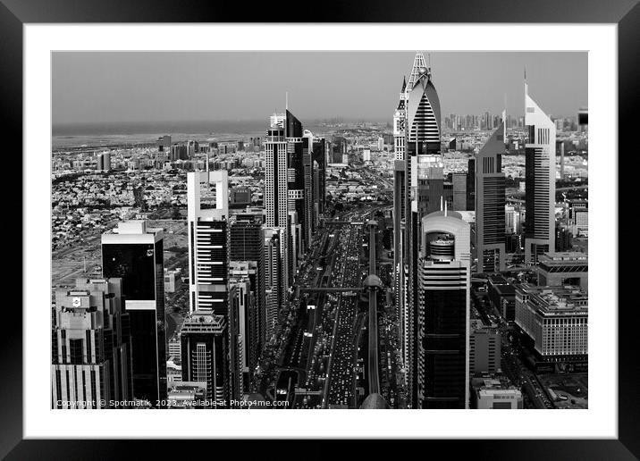 Aerial Dubai sunset view Sheikh Zayed Road Highway Framed Mounted Print by Spotmatik 