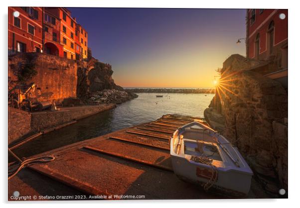 Riomaggiore village, a boat in front of the sea. Cinque Terre Acrylic by Stefano Orazzini