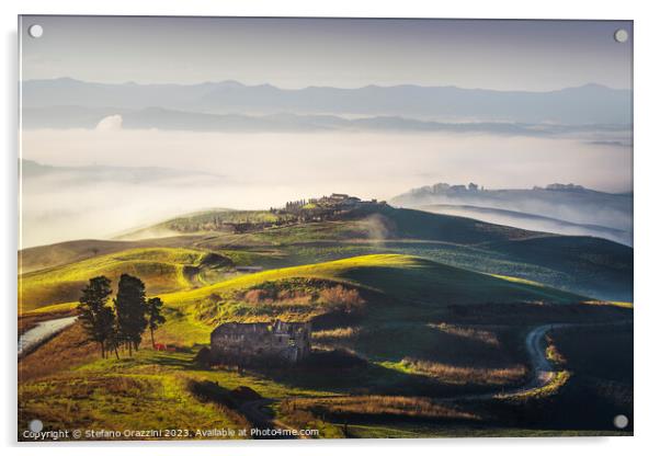Foggy morning landscape in Volterra. Tuscany, Italy Acrylic by Stefano Orazzini