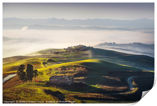 Foggy morning landscape in Volterra. Tuscany, Italy Print by Stefano Orazzini