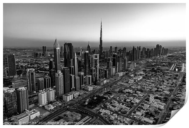 Aerial skyline view of Dubai city skyscrapers UAE Print by Spotmatik 