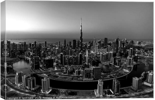 Aerial Dubai sunset city skyscrapers Burj Khalifa Canvas Print by Spotmatik 